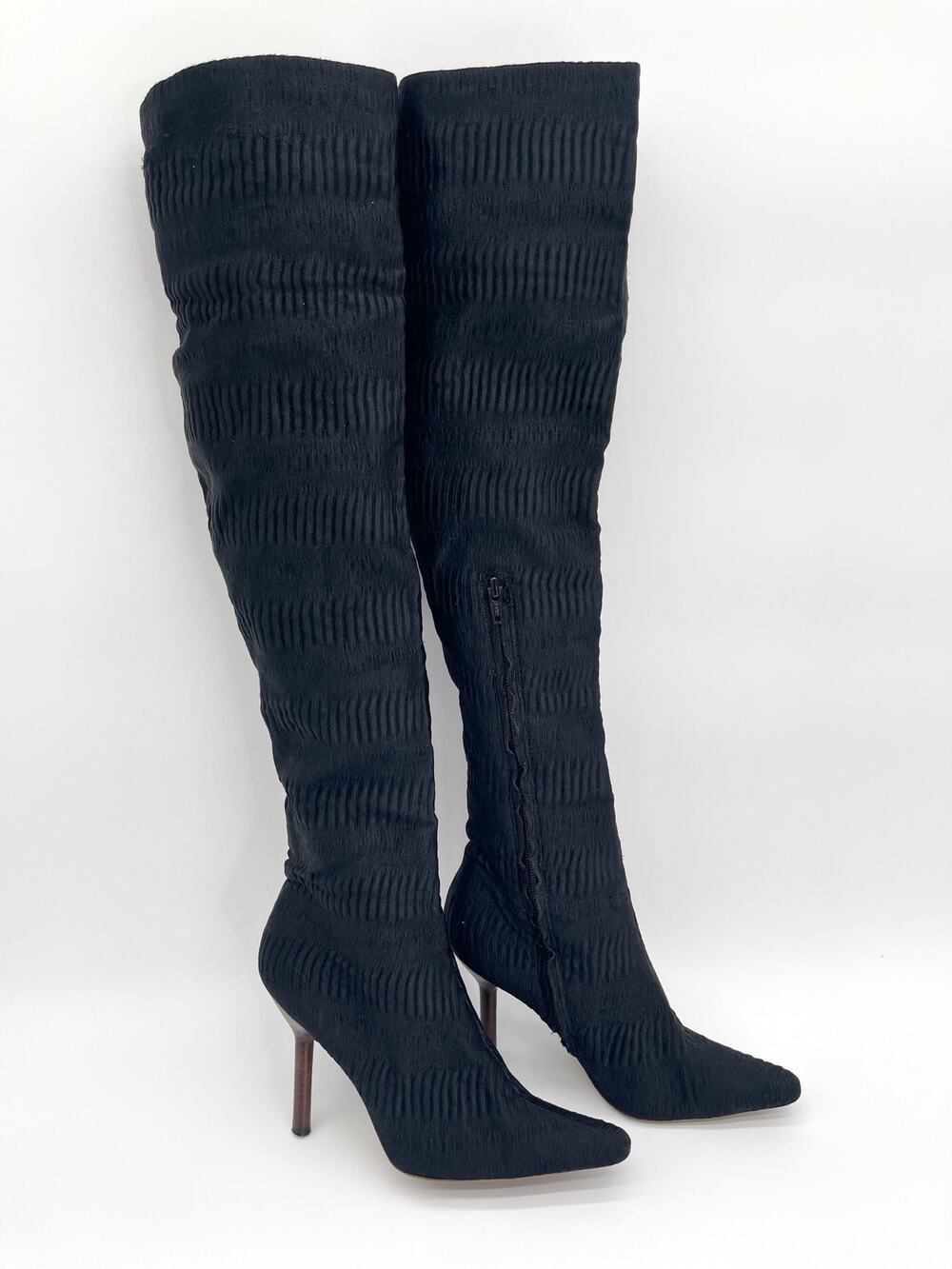 Gucci F/W 1999 Tom Ford Era Black Ruched Textured OTK Stiletto Boots IT 37.5